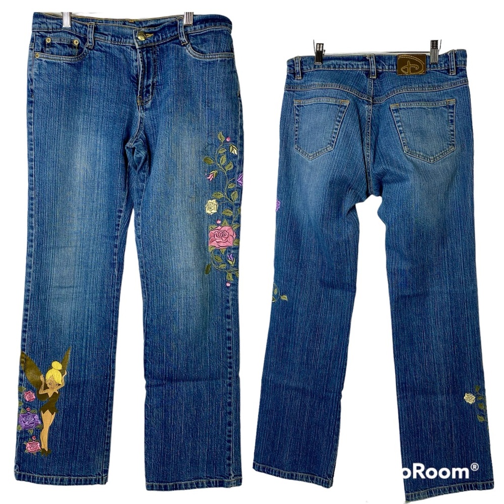 Disney Jeans Vtg Tinkerbell Floral Print Rhinestone Embroidery Faded Denim 90s